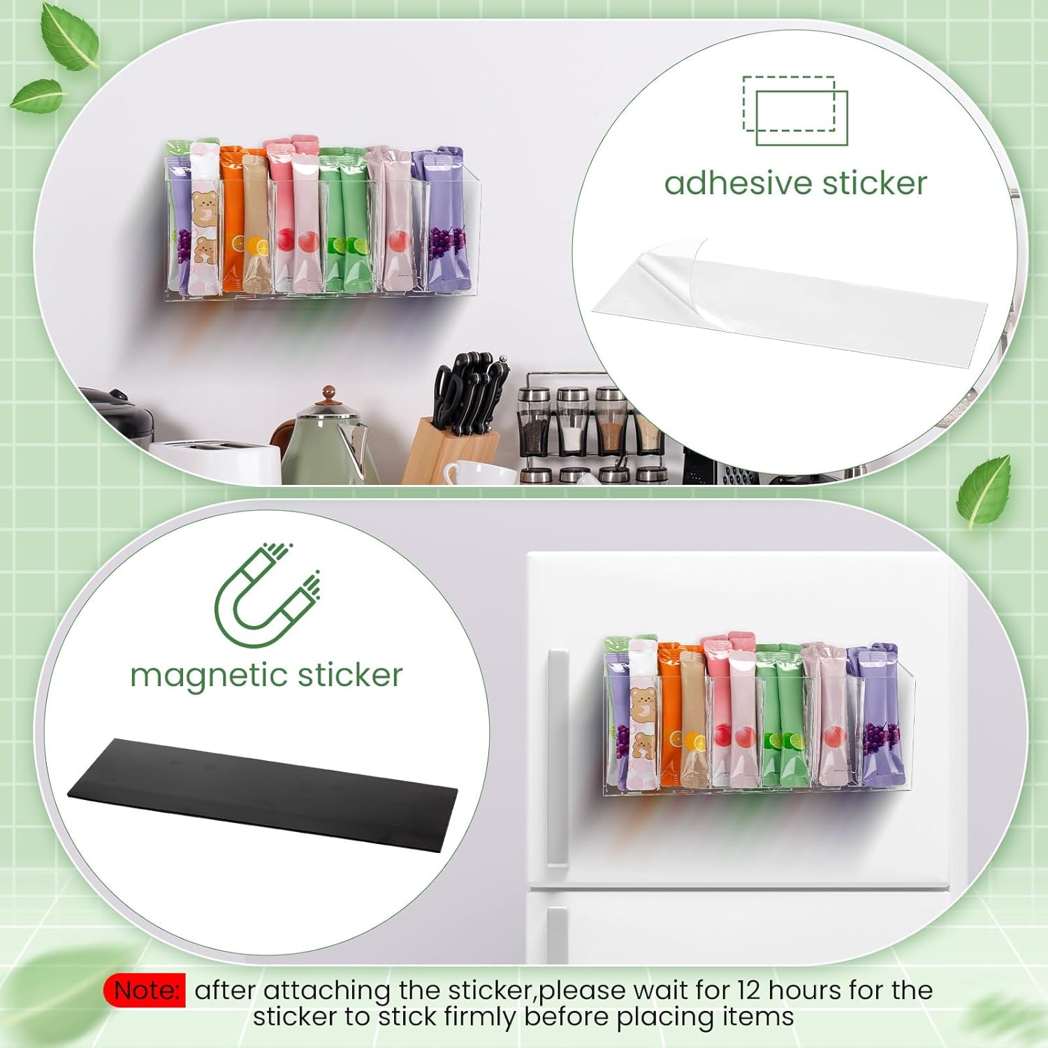 4 Pack Drink Packet Organizer with Adhesive & Magnetic Sticker and Removable Divider, Water Flavor Packet Organization Kitchen Storage Basket for Countertop Table Fridge Cabinet