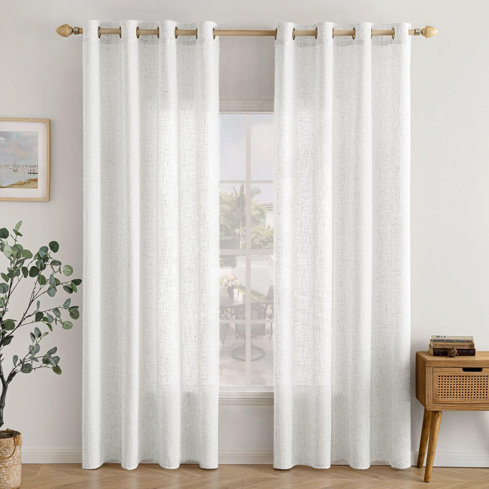 EMEMA Gardinen Vorhänge Leinenvorhang mit Ösen Voile Vorhang Leinenoptik Modern Halbtransparent für Wohnzimmer Dekoschal Kinderzimmer Schlaufenschal Küchengardinen 2er Set 140x225cm (BxH) Reines Weiß