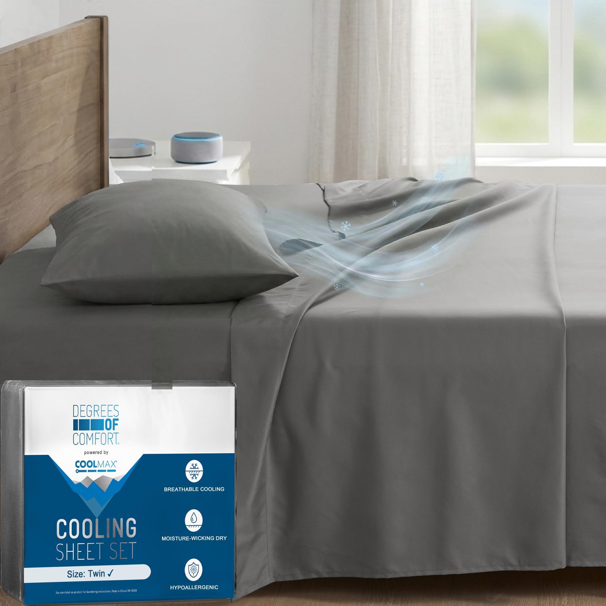Degrees of Comfort Coolmax® Cooling Bed Sheets Twin Size for Hot Sleepers, Moisture Wicking Sheet Set for Night Sweats, Deep Pocket, Ultra Soft, Cozy for All Seasons, Grey 3 Pieces