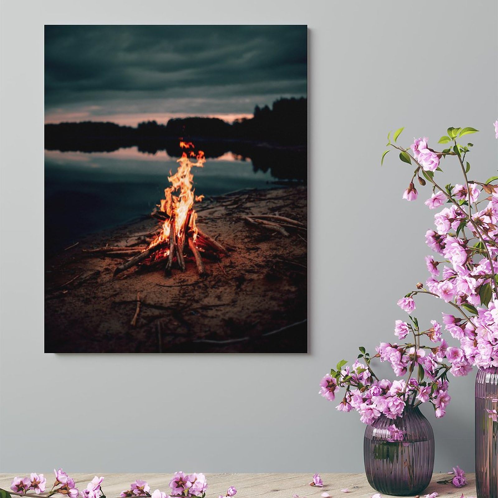 Amazon.co.jp: 絵画 夜の湖畔でキャンプファイヤーインテリア 絵画