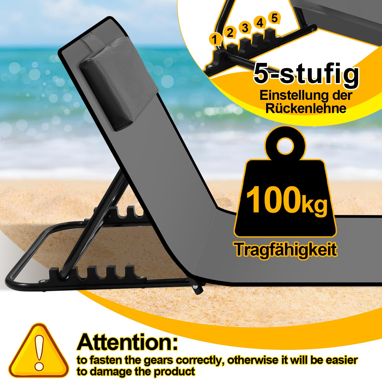 Lot de 2 tapis de plage pliables de 158 cm, dossier réglable sur 5 niveaux, avec oreiller et compartiment de rangement, portable, chaise longue pliable pour camping, gris