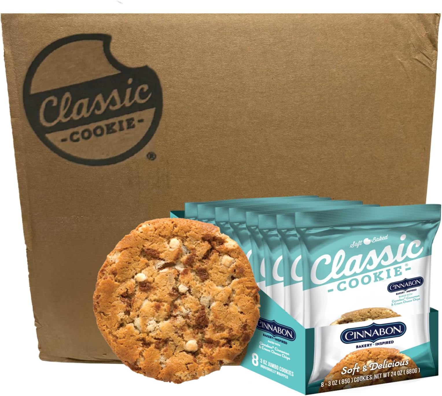 Classic Cookie Soft Baked Cinnabon® Cookies made with Cinnamon and Cream Cheese Chips, Full Case of 12 Boxes, 96 Individually Wrapped Cookies