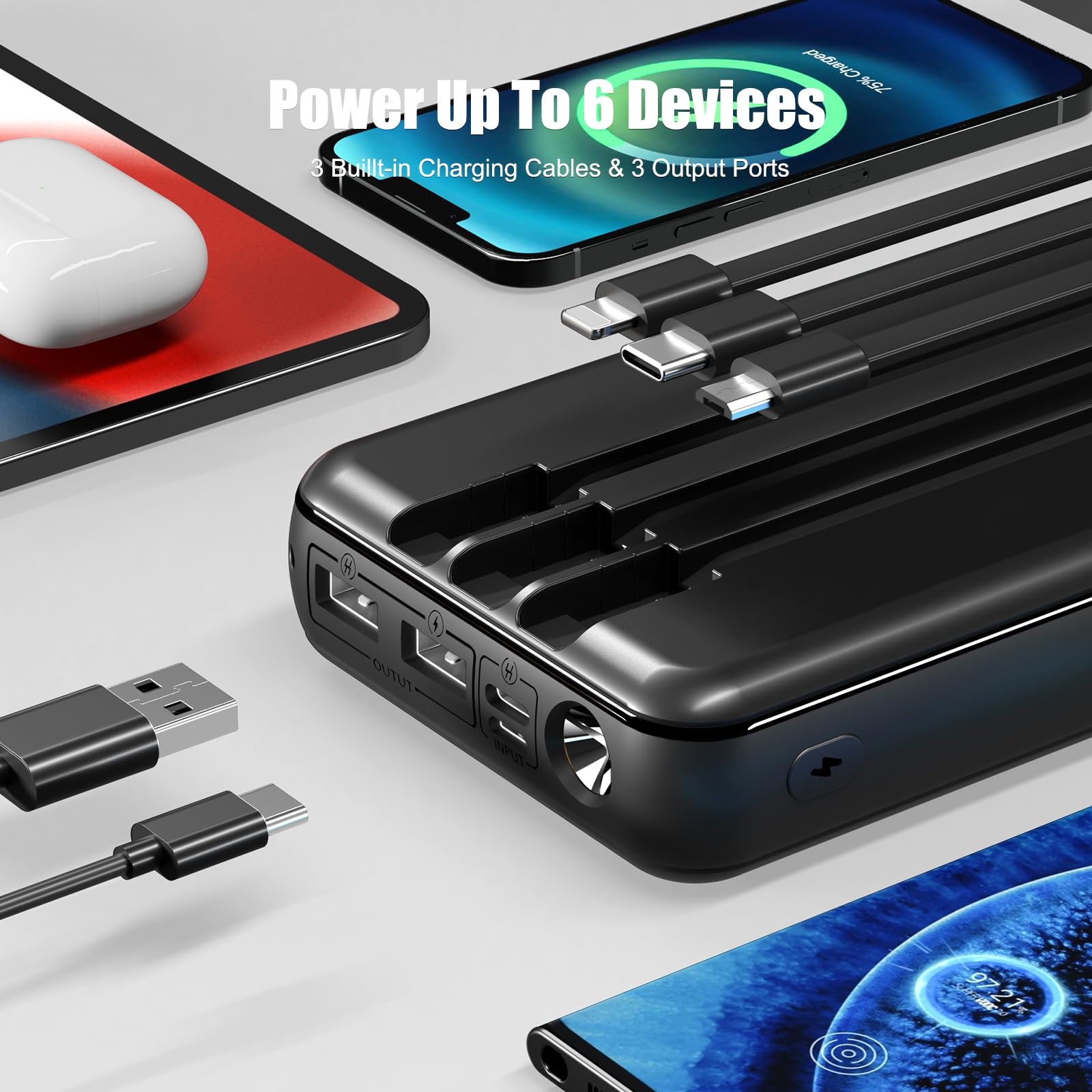 Banque d'énergie solaire 27 000 mAh, batterie externe avec 6 sorties et 2 entrées, batteries externes pour charge rapide de 15 W, tablettes, camping, voyage, extérieur