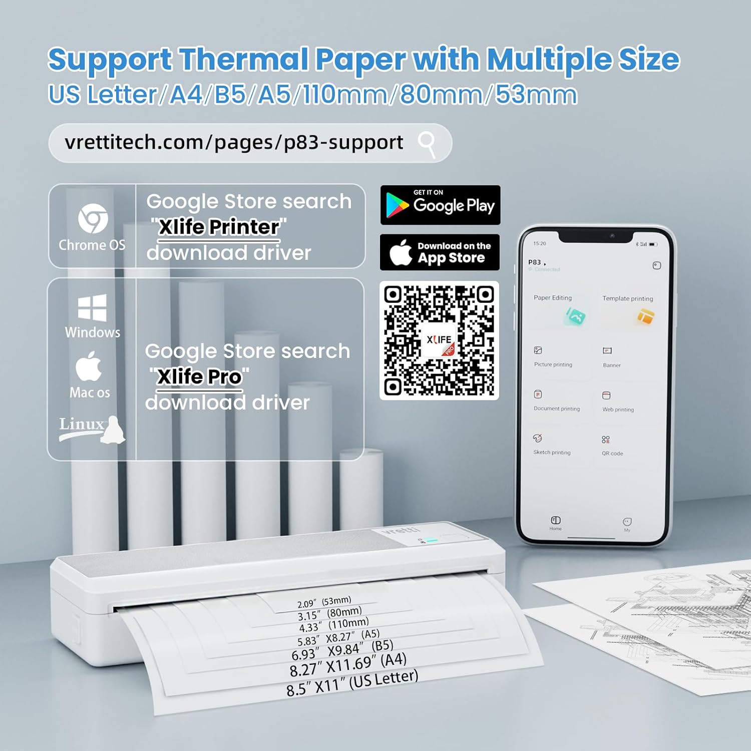 vretti P83 printer showing compatibility with roll and folding thermal paper