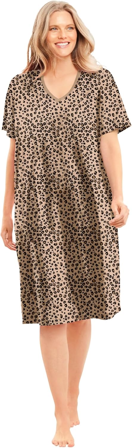 Dreams & Co. Plus Size V-Neck Short Sleeve Knee-Length Cotton Sleepshirt