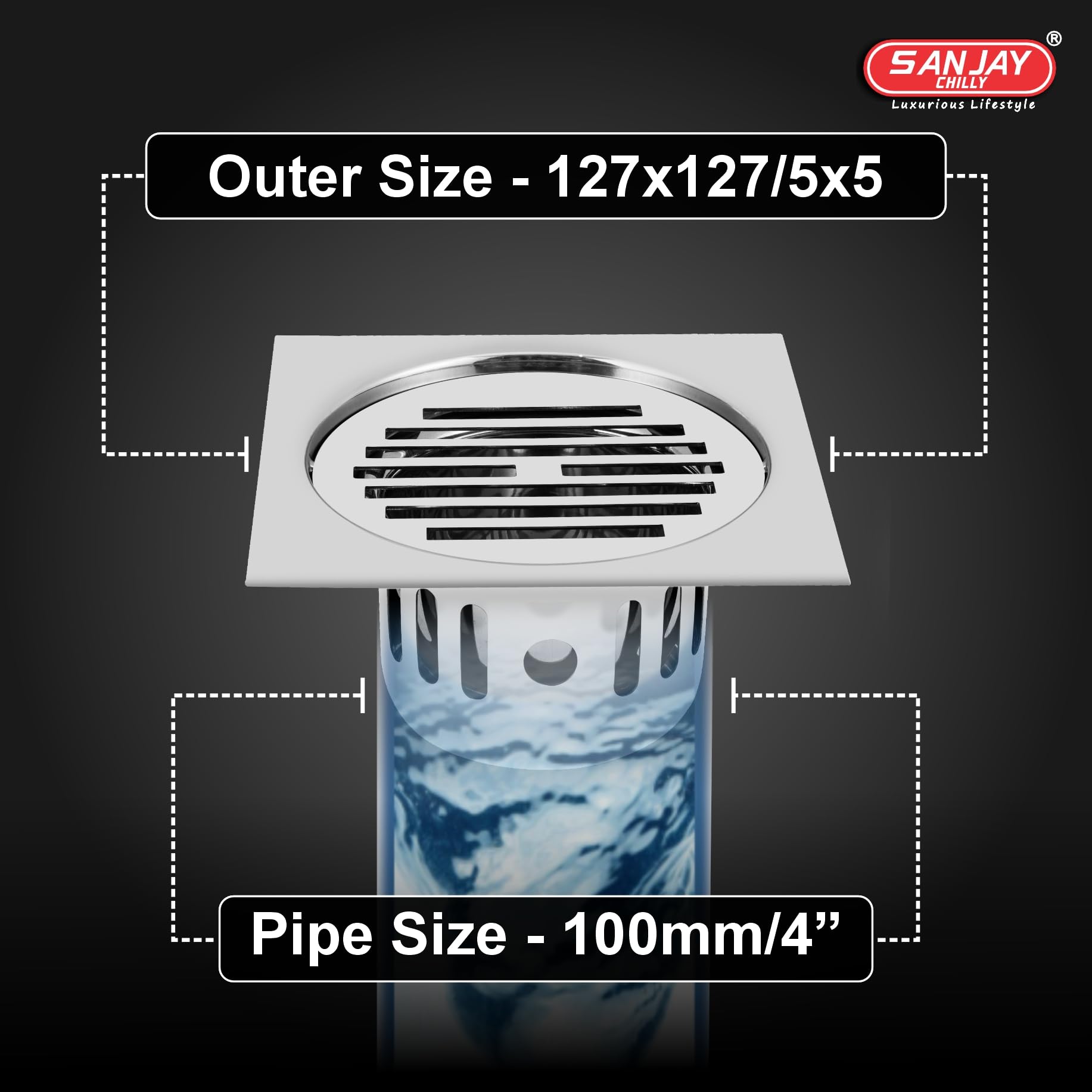 Sanjay Chilly Floor Drain with Cockroach Trap 304 Stainless Steel Grade Bathroom Gratings Floor Cover Jali Waste Water Drainer Strainer Washbasin Sink Toilet Anti Odor (Square Classic 5x5 INCH) 1