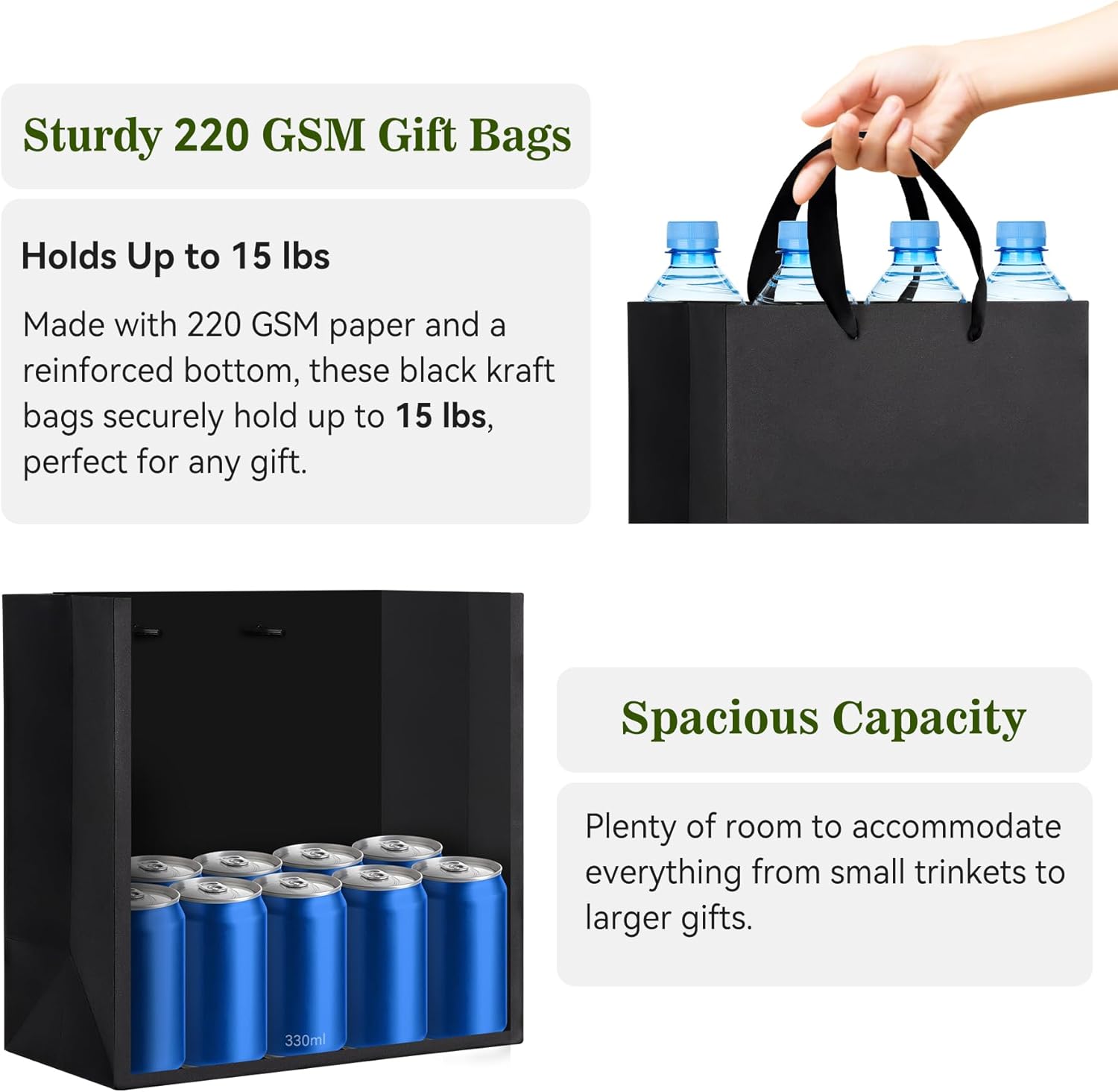 GEGIBOA Black Gift Bags With Handles and Tissue Paper 16 Pcs, 12.5x4.5x11 Inch Sturdy Kraft Paper Gift Bags, Bulk for Wedding, Party, Birthday, Business and Shopping