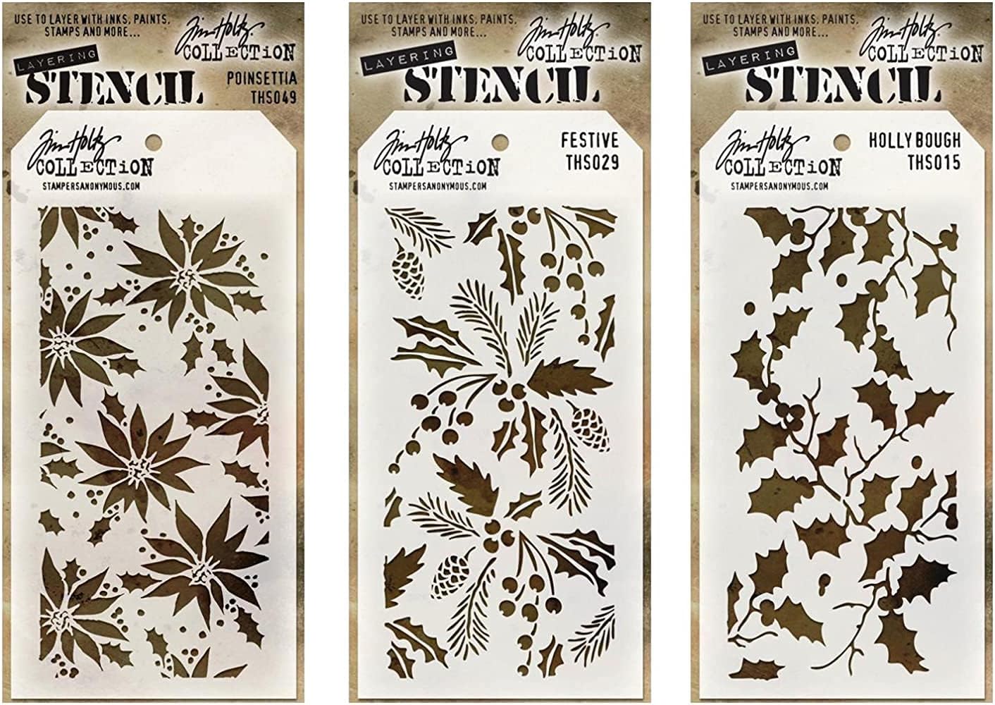 Tim Holtz Stampers Anonymous Stencils - Poinsettia, Festive & Holly Bough - 3 Items, Opaque