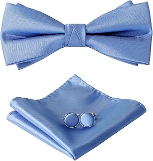 Juego de pajarita para hombre – Pajarita ajustable de satén poliéster preatada pajarita de un solo color, juego de gemelos para novios boda formal con caja de regalo, Color azul., 12x6cm