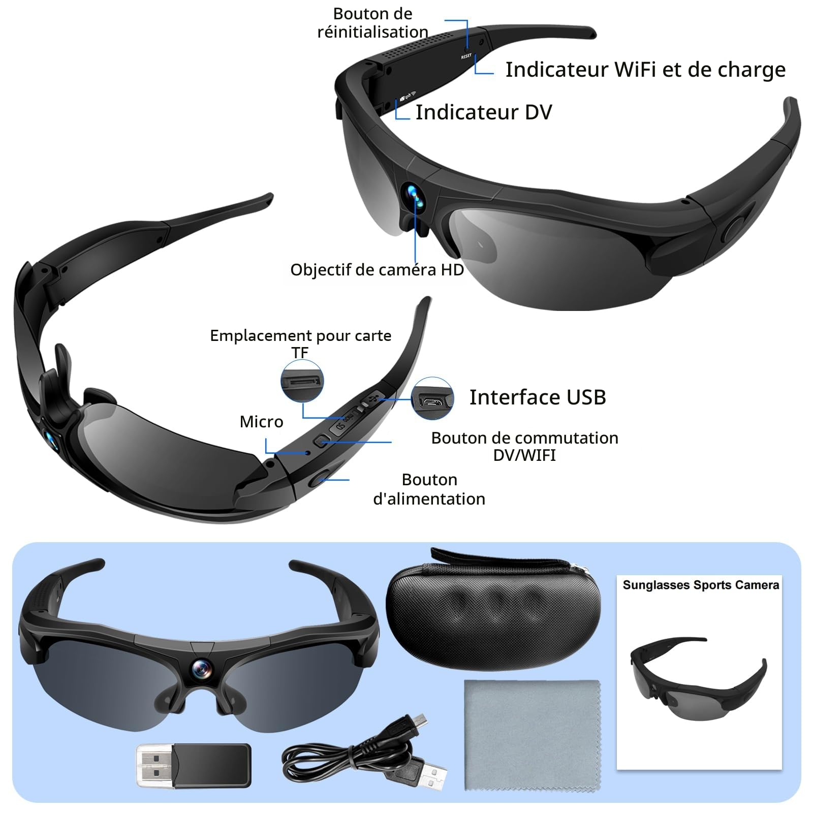 Lunette Camera 4K WiFi Grand Angle, Polarisé pour Sport & Aventure | 100min batterie, 256GB SD, enregistrement en boucle, lentilles polarisées UV, étui inclus