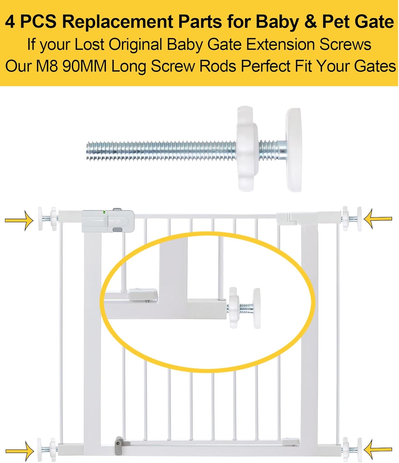 4 Pack Baby Gate Threaded Spindle Rod 8MM(M8), Replacement Screw Bolts Hardware Parts Kit for Pet & Dog Pressure Mounted Safety Door & Stair Gates (a White)