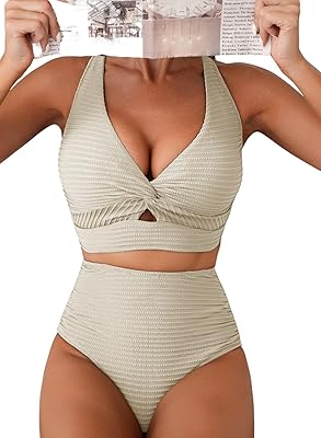 Herseas Women's Textured Bikini Sets Twist Front Top Swimsuits High Waisted Bathing Suits
