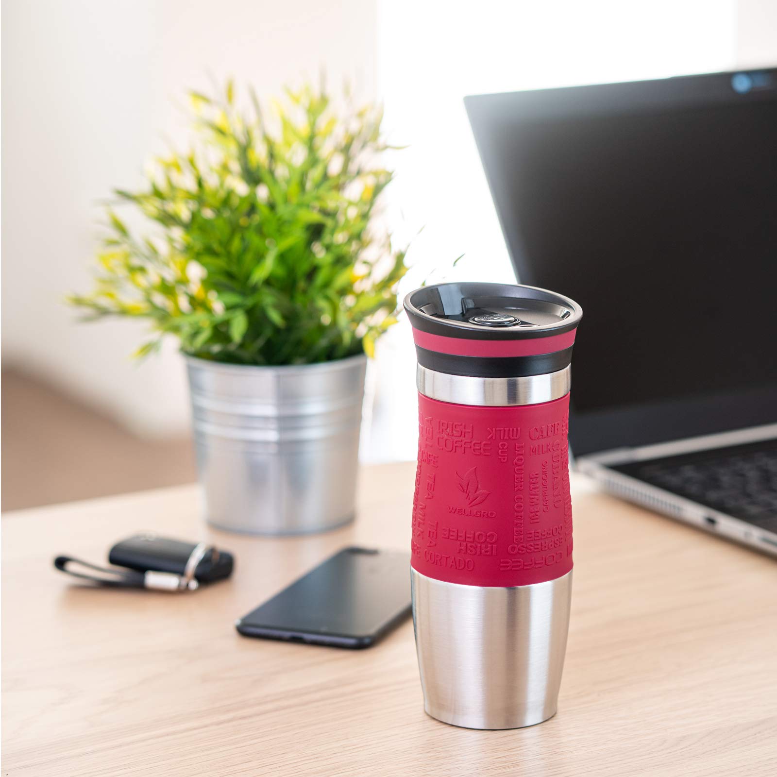 WELLGRO Thermosbeker 400 ml 1 extra deksel - roestvrij staal roestvrij - siliconen soft-touch handvat - BPA-vrij - isolatiebeker dubbelwandig - reismok - koffiebeker om mee te nemen, kleur: koper