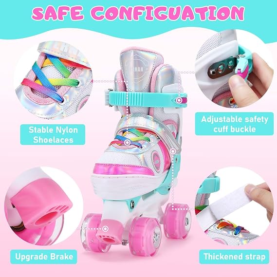 Kids Roller Skates for Girls Todders Kids Beginner, 4 Size Adjustable Roller Skates with Light Up Wheels for Indoor Outdoor Skating