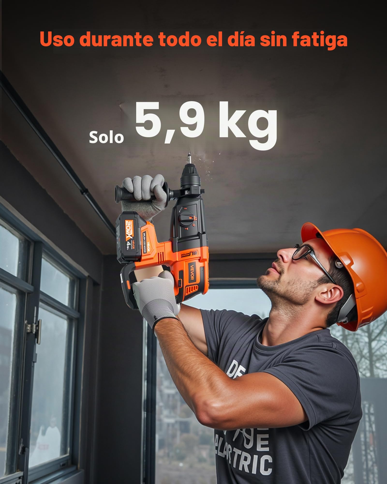 VEVOR Taladro Percutor Inalámbrico sin Escobillas, Atornillador Rotativo de 28 mm Kit de Herramientas Eléctricas Ligeras SDS-Plus con Batería de Litio y Cargador, 4 Funciones 1200 RPM 5300 BPM