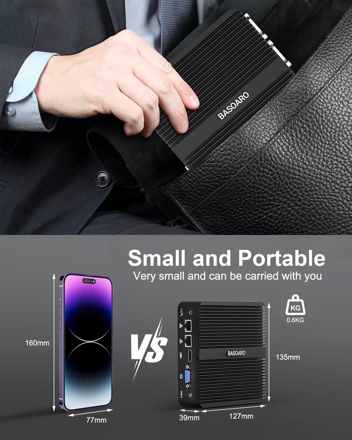 BASOARO Industrial PC Fanless Mini PC J5005, 8GB RAM 128GB SSD, Gigabit Ethernet, HD VGA Dual Display, 2 RS232 COM, Dual Band WiFi, BT, Mini PC Win 11 Pro