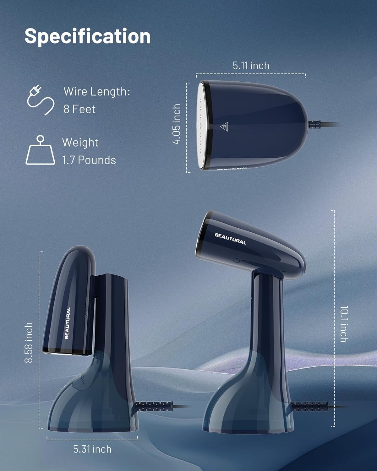 BEAUTURAL Steamer for Clothes, Portable Handheld Garment Fabric Wrinkles Remover, Aluminun Heating Plate, 35-Second Fast Heat-up, Large Detachable Water Tank (Only for 120V)