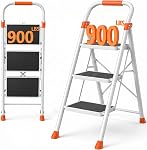 2 Step Ladder, Folding Step Stool with Orange Cushioned Handle, White Sturdy Step Ladder with Wide Anti-Slip Pedal, 900 lbs Capacity Heavy Duty Step Stool with Safety Lock for Kitchen, Home & Garage