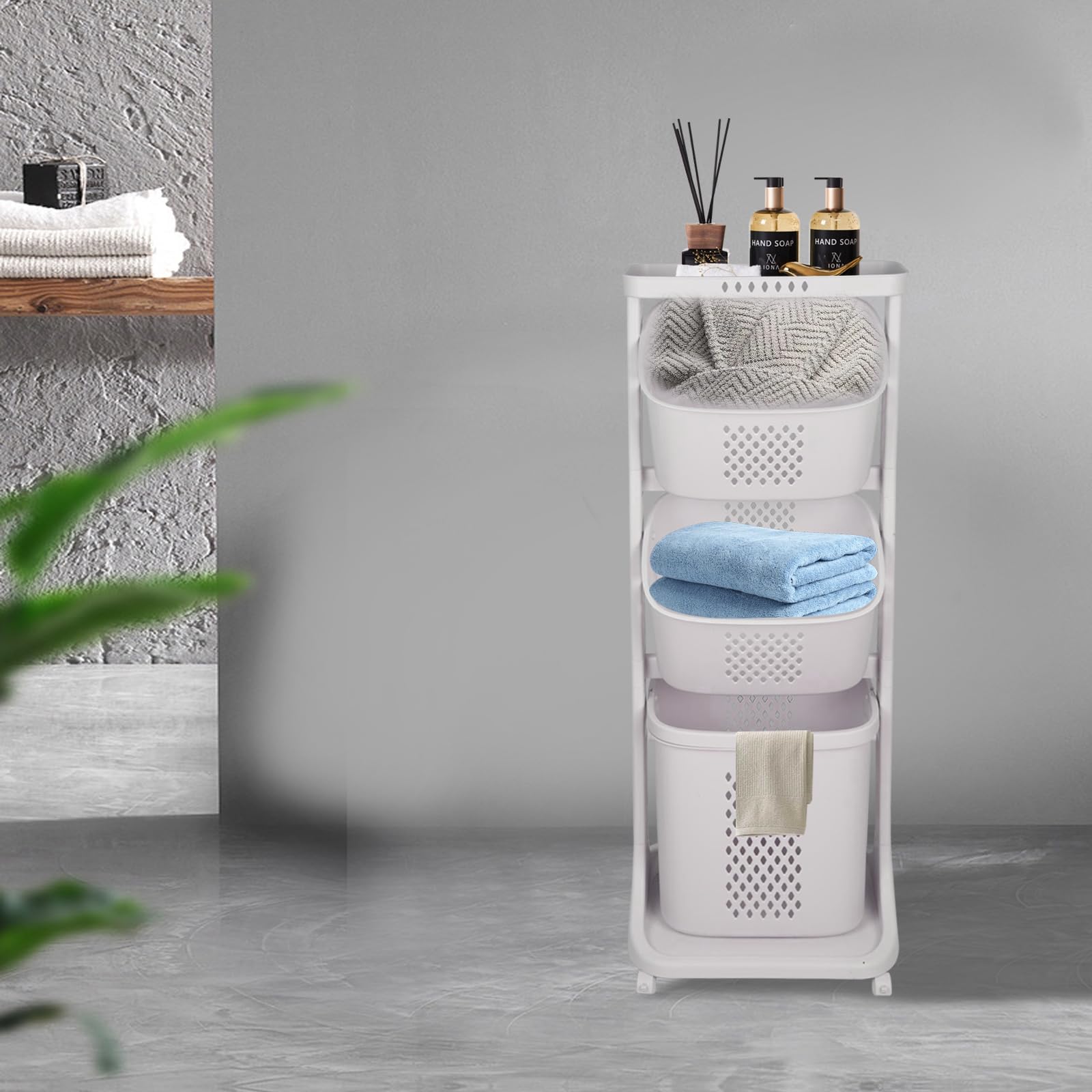 Cesto portabiancheria, Carrello portaoggetti da cucina, Cestino per biancheria con 3 cestini rimovibili, con ruote, moderno, speciale per bagno e lavanderia, per giocattoli, 44 x 33 x 110 cm (1 pezzo