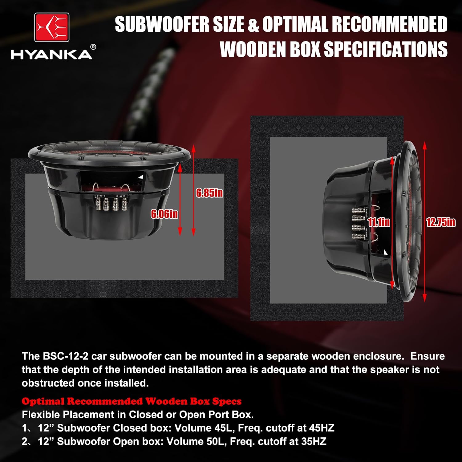 H YANKA BSC-12-2 12 Inch Subwoofer - 1100W MAX Power 12 Inch Paper Cone Subwoofer Car Audio, Black Iron Basket, 2.5“ Dual Voice Coil 2 Ohm Impedance 12 Sub for Cars