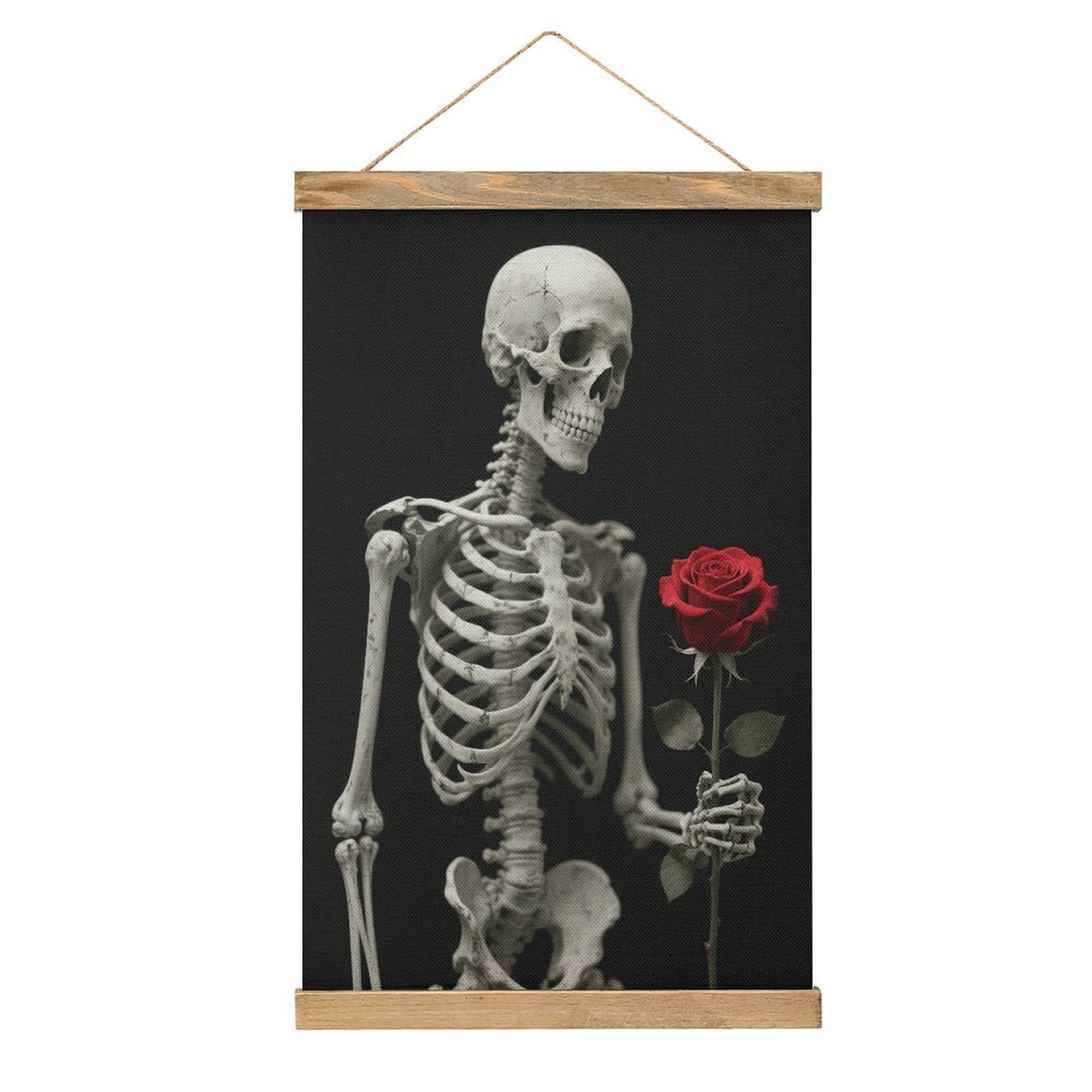 VstaDank Skeleton Holding A Red Rose Hanging Poster with Wooden Frame Modern Linen Hanging Painting Retro Style Wall Decor Art Painting for Living Room,Bedroom Decor Poster Frame 20.4x13.1inch