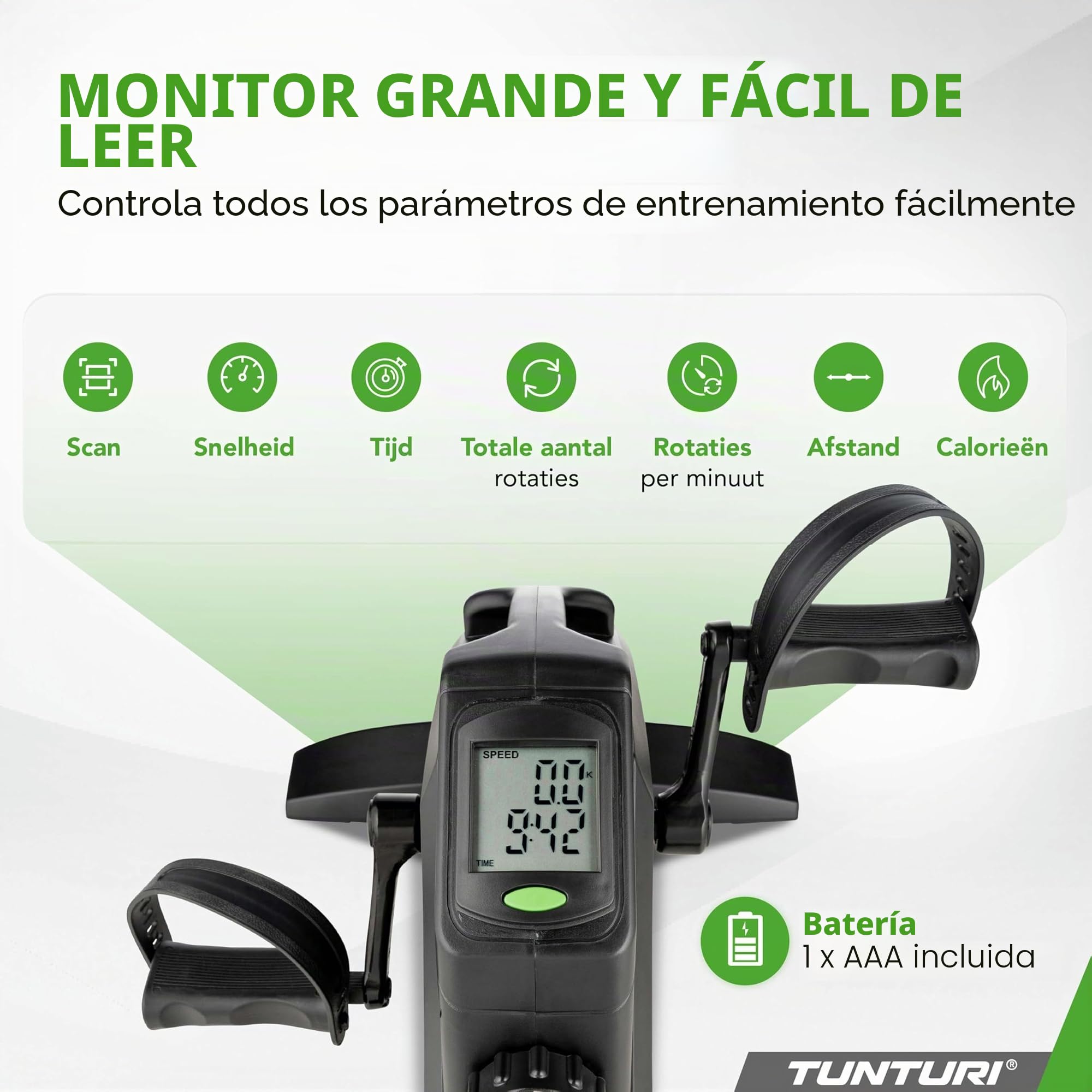 Tunturi Cardio Fit M35 Mini bicicleta estática / Mini Bike / Sistema de freno magnético - con pedales para entrenamiento de brazos y piernas - computadora de Entrenamiento