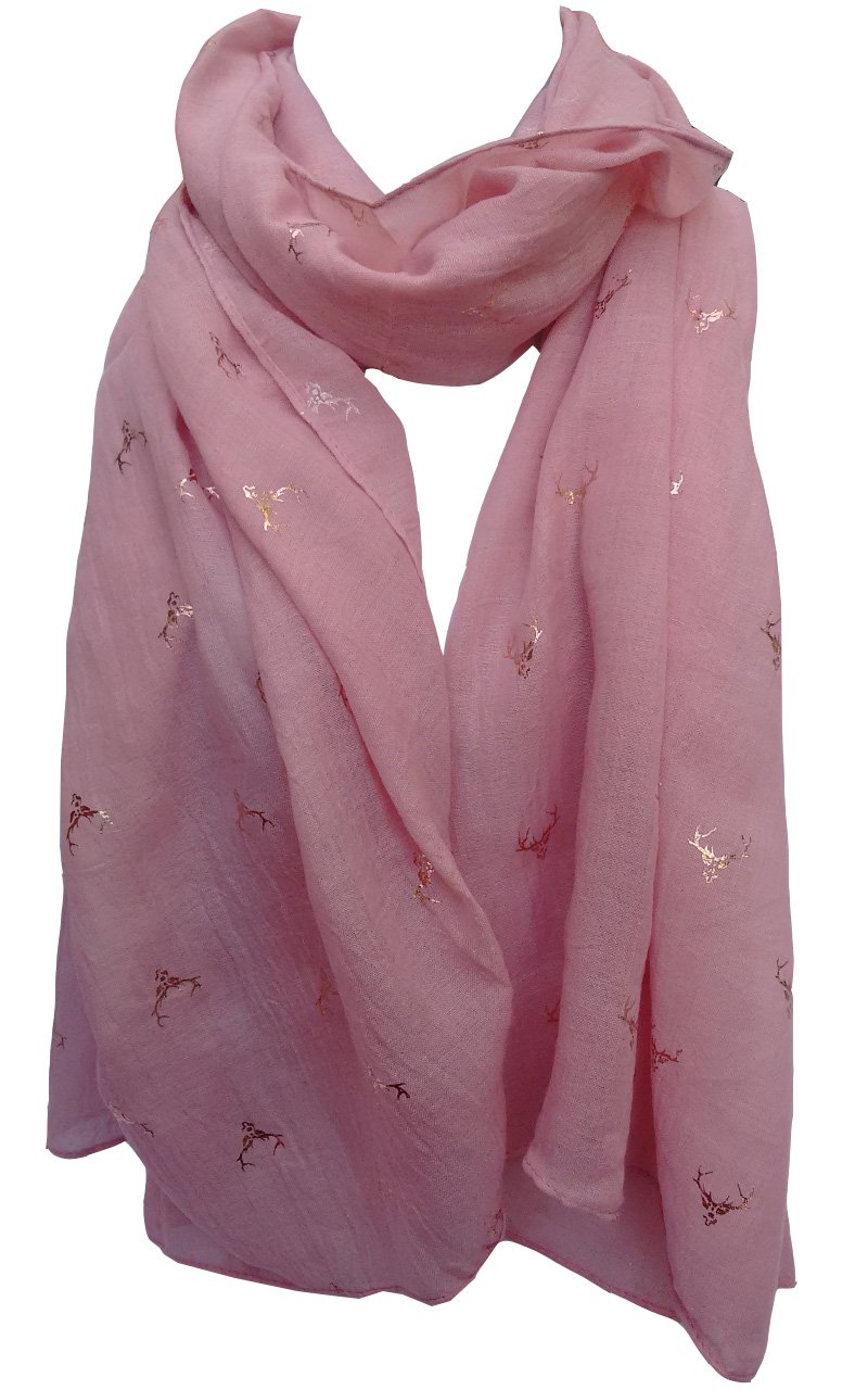 Glamlondon Women's Pink Light Stag Scarf Rose Gold Glitter Foil Deer Reindeer Stags Print Party Christmas Wrap (Pink Light)