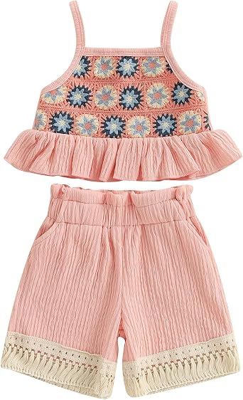 Baby Girl Summer Clothes Set Crochet Camisole Linen Shorts 2Pieces Toddler Little Girls Outfits with Pockets