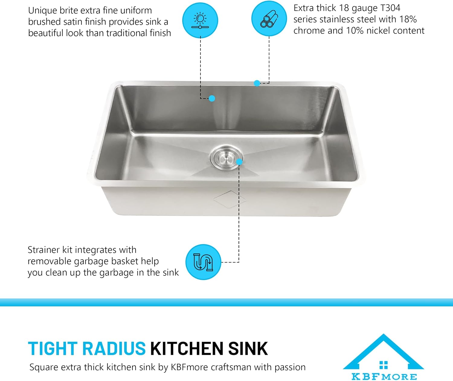 KBFmore 18 Gauge 31 Inch Single Bowl Undermount Stainless Steel Kitchen Sink, Rust Resistant Sound and Heatproof Laser Cut Tight Radius Sink for Indoor or Outdoor Kitchens