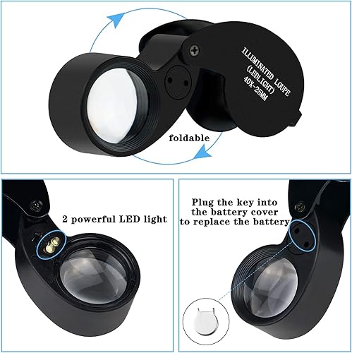 Miniatura 3 de Beileshi Lupa de aumento 40X para joyería, lente de cristal plegable + lupa LED de lazo de aumento de metal completo (negro)