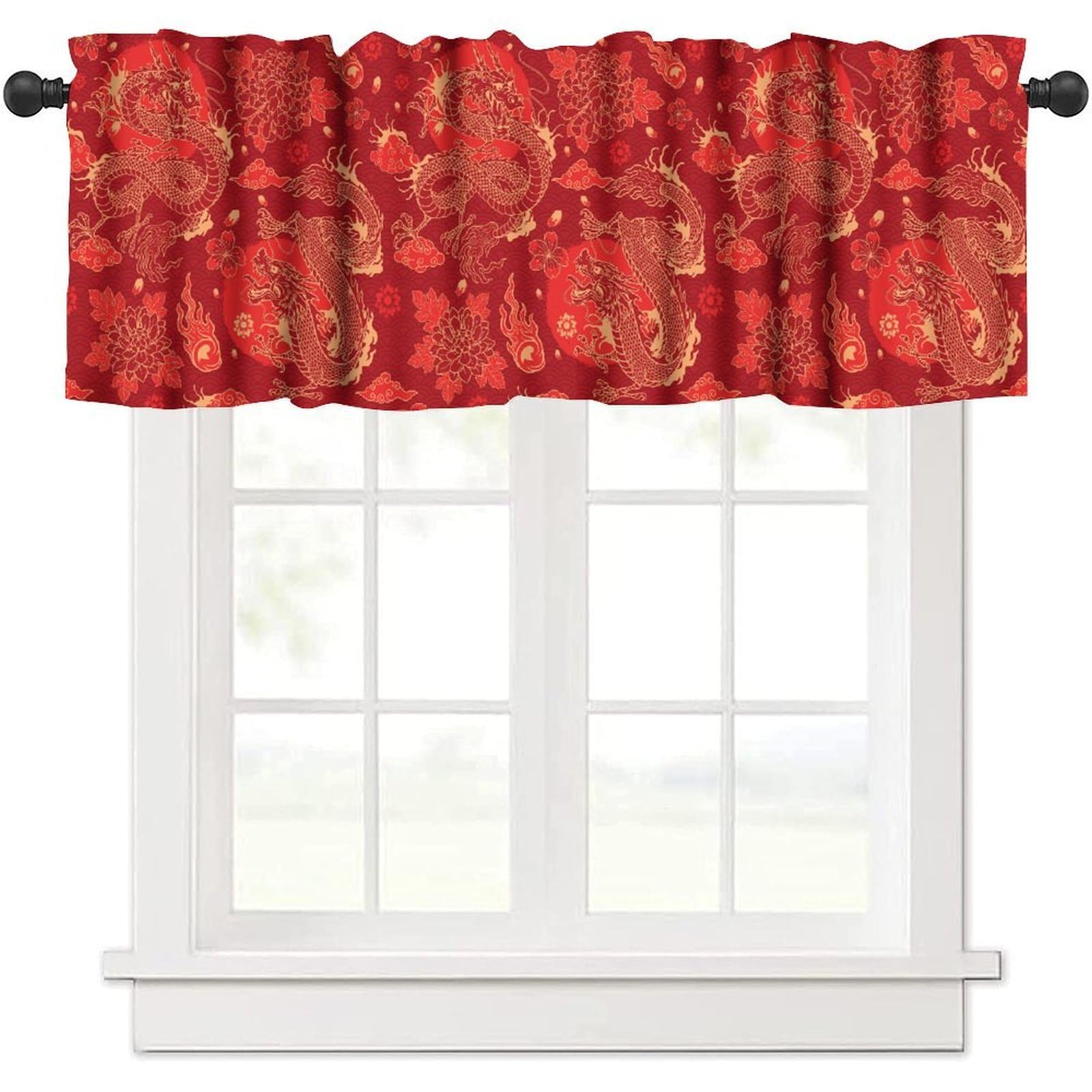 moderw Asian Dragons Valance Curtain Traditional Oriental Chinese Japanese Dragons Flying Animal Window Treatment Valance for Home Farmhouse Dining Room Kitchen Canteens Party 54x18inch