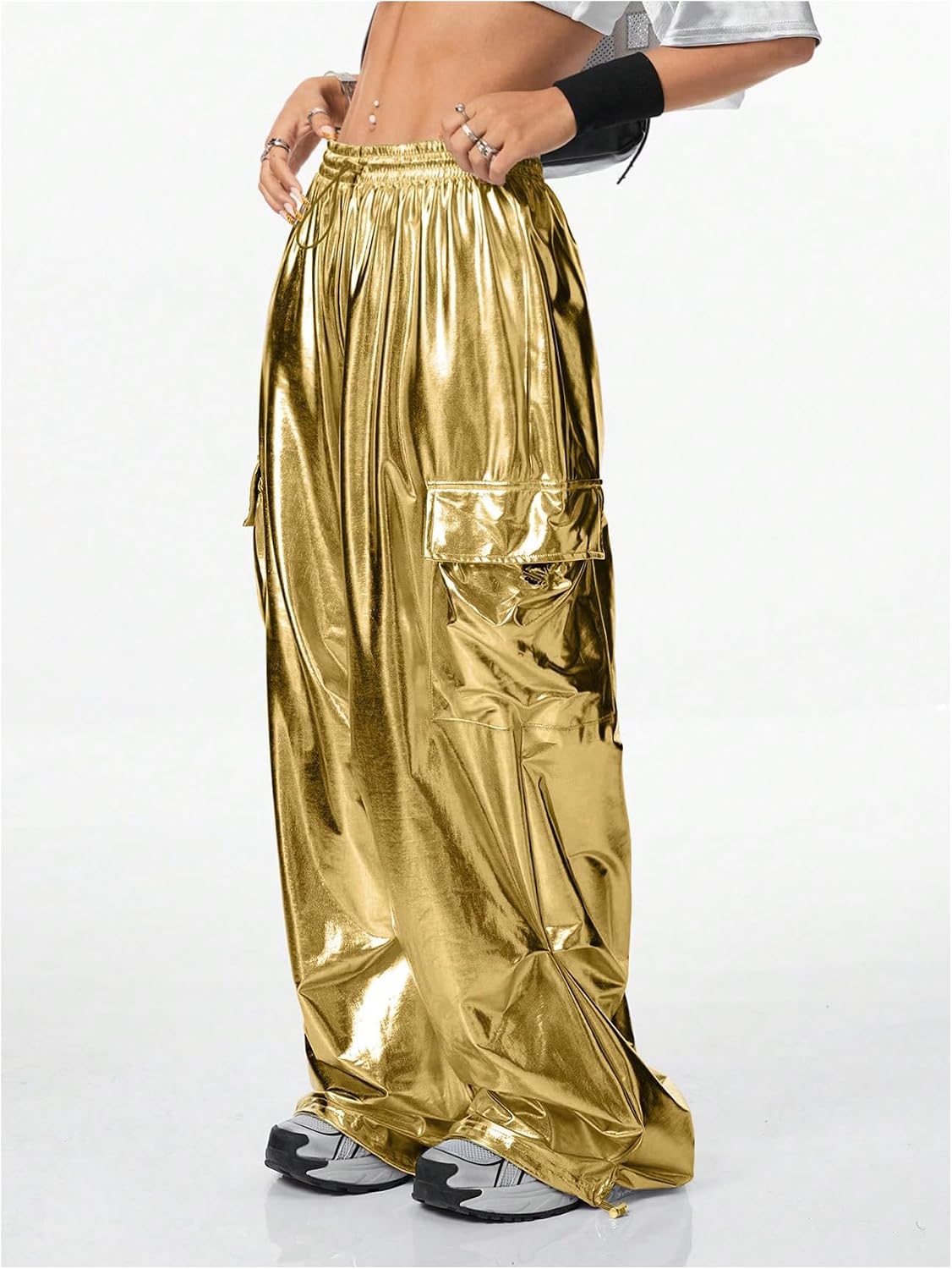 SHENHE Women's Y2k Metallic Cargo Pants Wide Leg Baggy Hip Hop Dance Rave Joggers Trousers