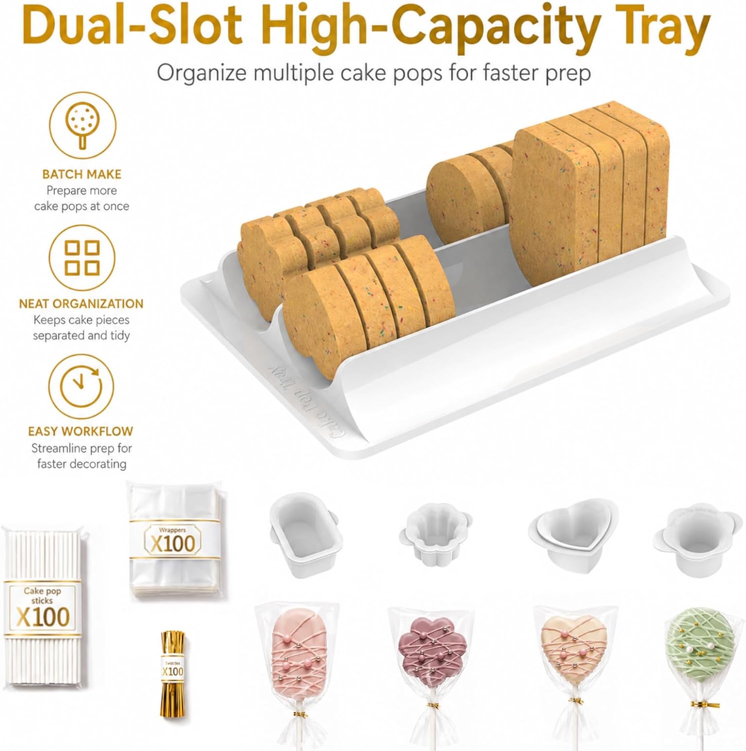 Cake Pop Molds Set, 4 Shapes with Tray, 100 Sticks Wrappers Ties | 4-shape cake pop cutter set with dual-slot tray, plus 100 cake pop sticks, 100 wrappers, and 100 twist ties