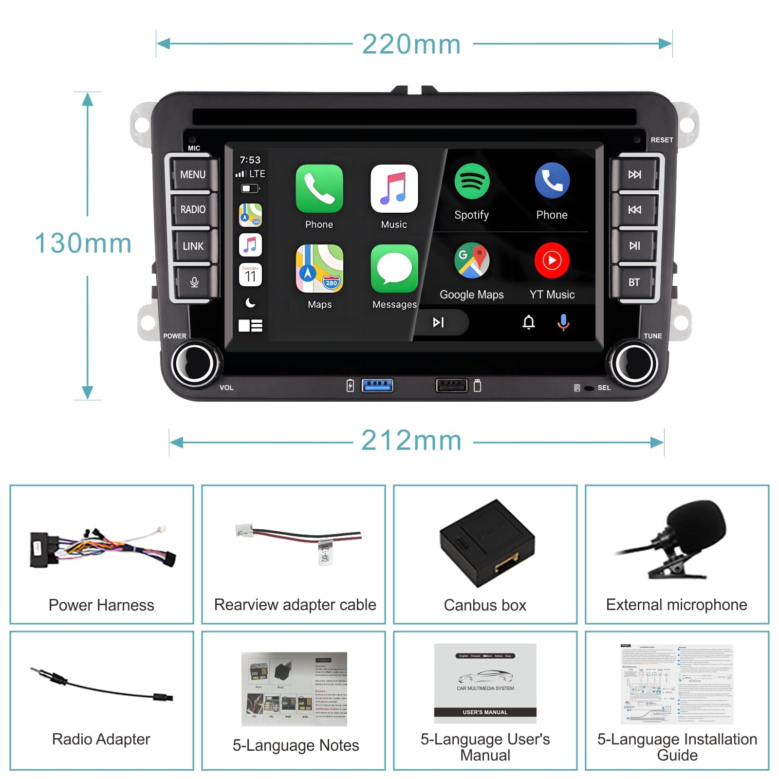Autoradio con CarPlay wireless compatibile con VW Polo,Golf 5,Golf 6,Passat,Tiguan, Touran,T5,Schermo IPS,Stereo VW Supporta Android auto e SWC originale,Bluetooth,AM FM RDS,USB,EQ/DSP,Navigatore