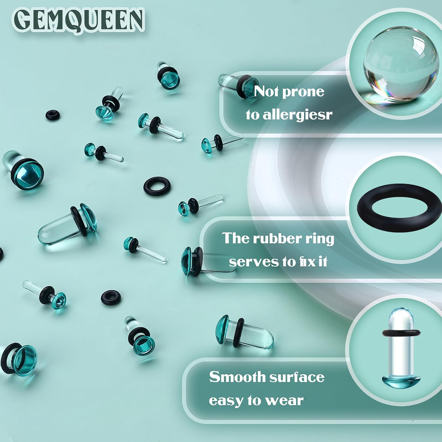 GEMQUEEN 24 PCS 0.5mm Increments Glass Ear Stretching Kit : Hypoallergenic 14G-1/2 Ears Plugs Tunnels Gauge Dead Stretching Kit with Rubber O-Rings Comfy Flare Domed Body Piercing Jewelry