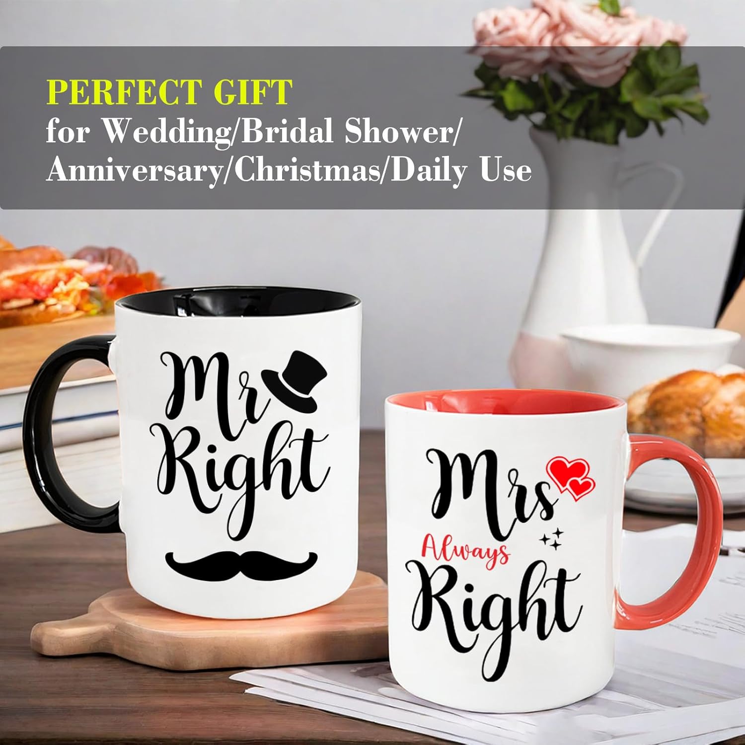 Valentines Day Gifts for Couple Wedding Coffee Mugs Set, Mr Mrs Husband Wife His Hers Anniversary Present Mugs Engagement Bridal Shower Gifts 11 Oz Black + Pink - Image 2