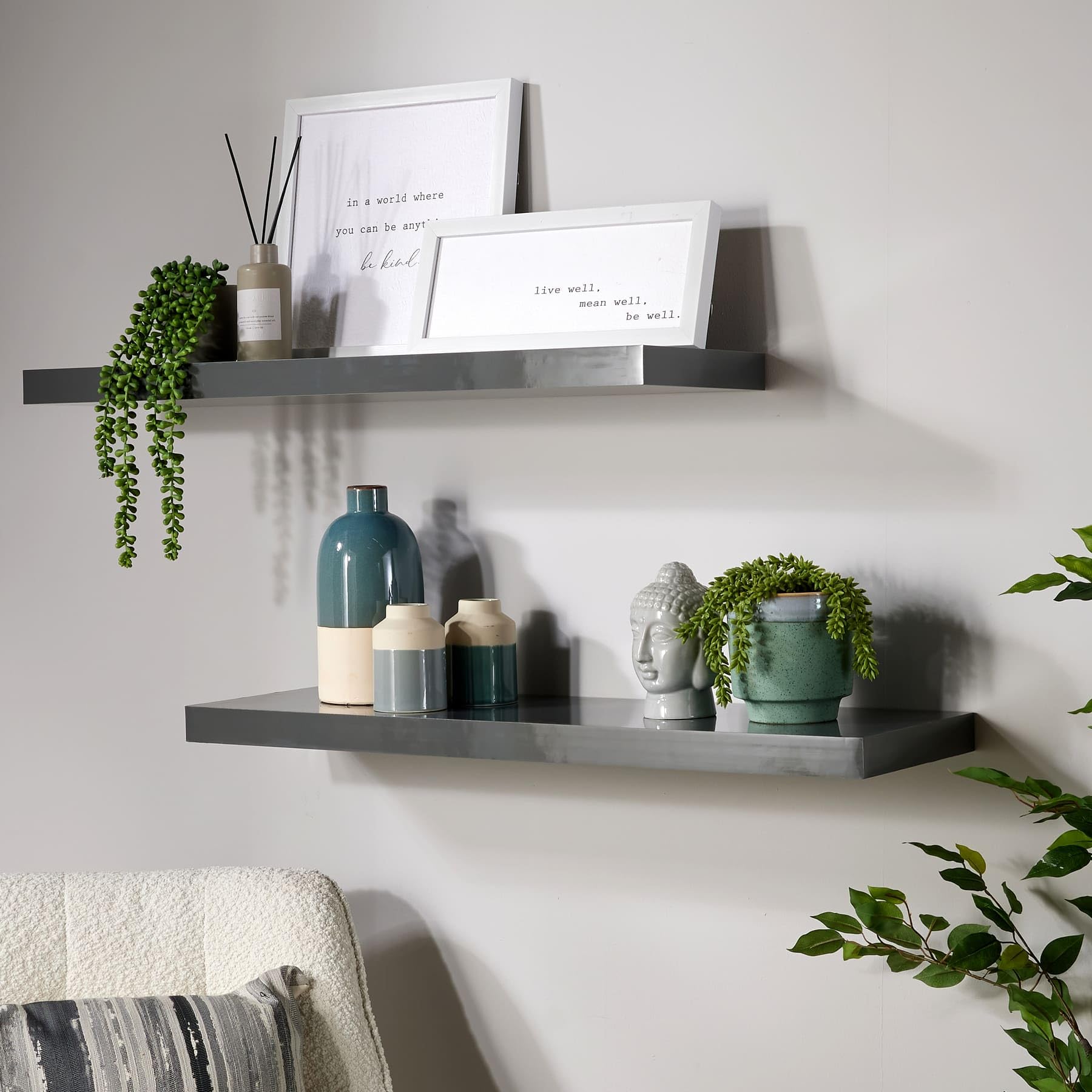 (Grey) Home Source Pair Of 80Cm Floating Wall Mounted Storage Shelves 5056065443929