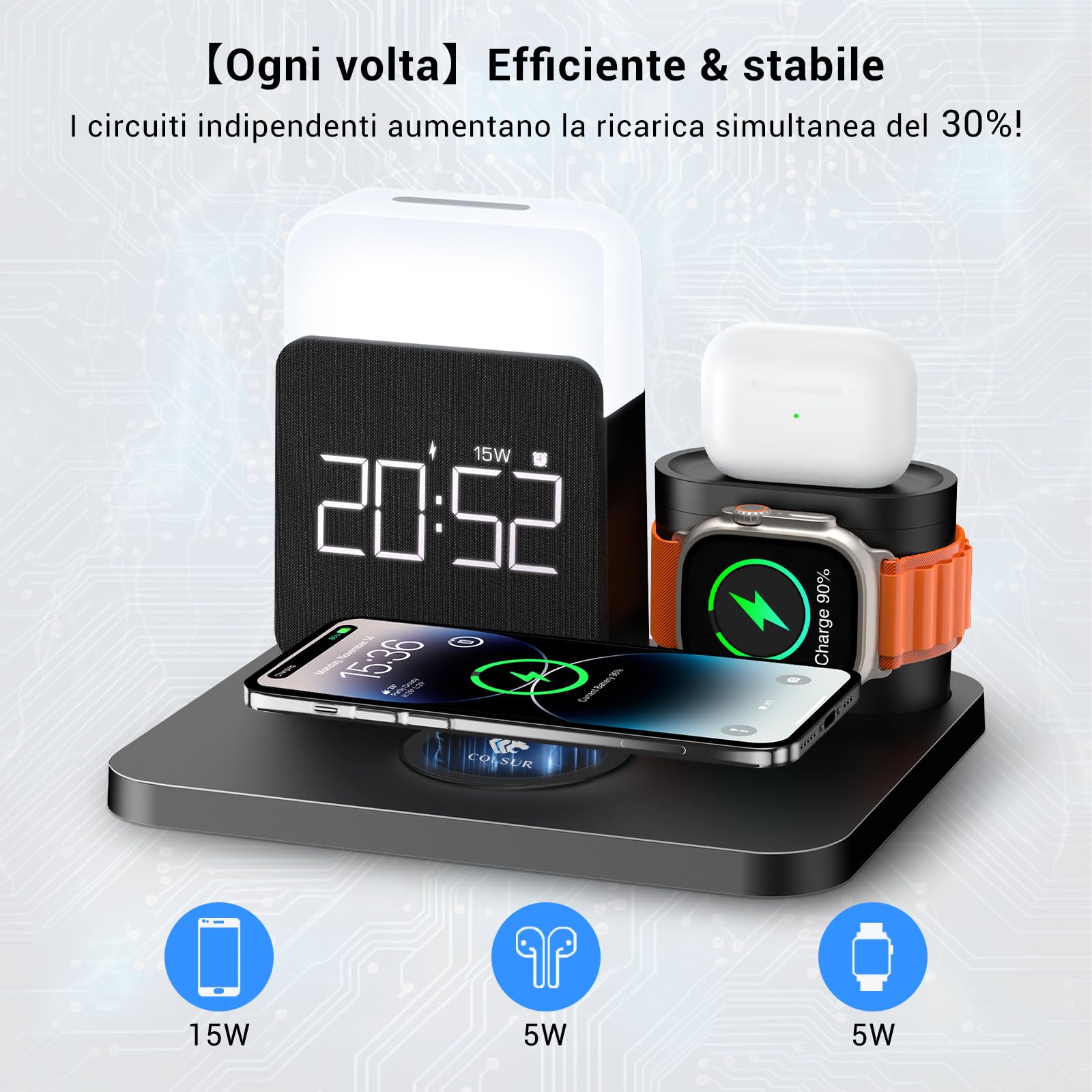 【2025 Upgrade】3 in 1 Caricatore Wireless iPhone Apple Watch AirPods, Caricabatterie per Samsung, Lampada da comodino touch, senza fili, 3 funzioni, sveglia, stazione di ricarica 16/15/14/13 accessori