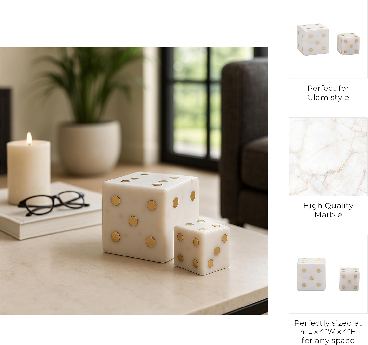 Decorative Marble Dice for Home Decor - Artistic Game Ornaments for Office Desk, Living Room Decor, or Coffee Table Accent - Modern Dice for Shelf Styling or Bathroom Decor - Set of 2, 4", 3", White