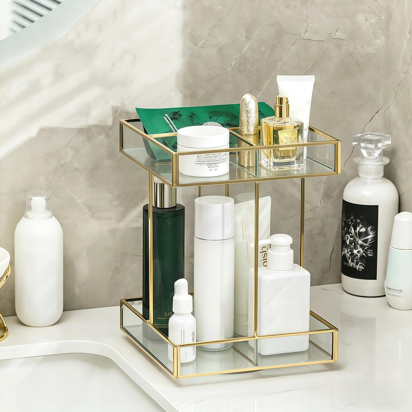 Organizador de cosméticos giratorio 360°, gran capacidad, organizador de maquillaje de cristal para vestidor, dormitorio, cuarto de baño