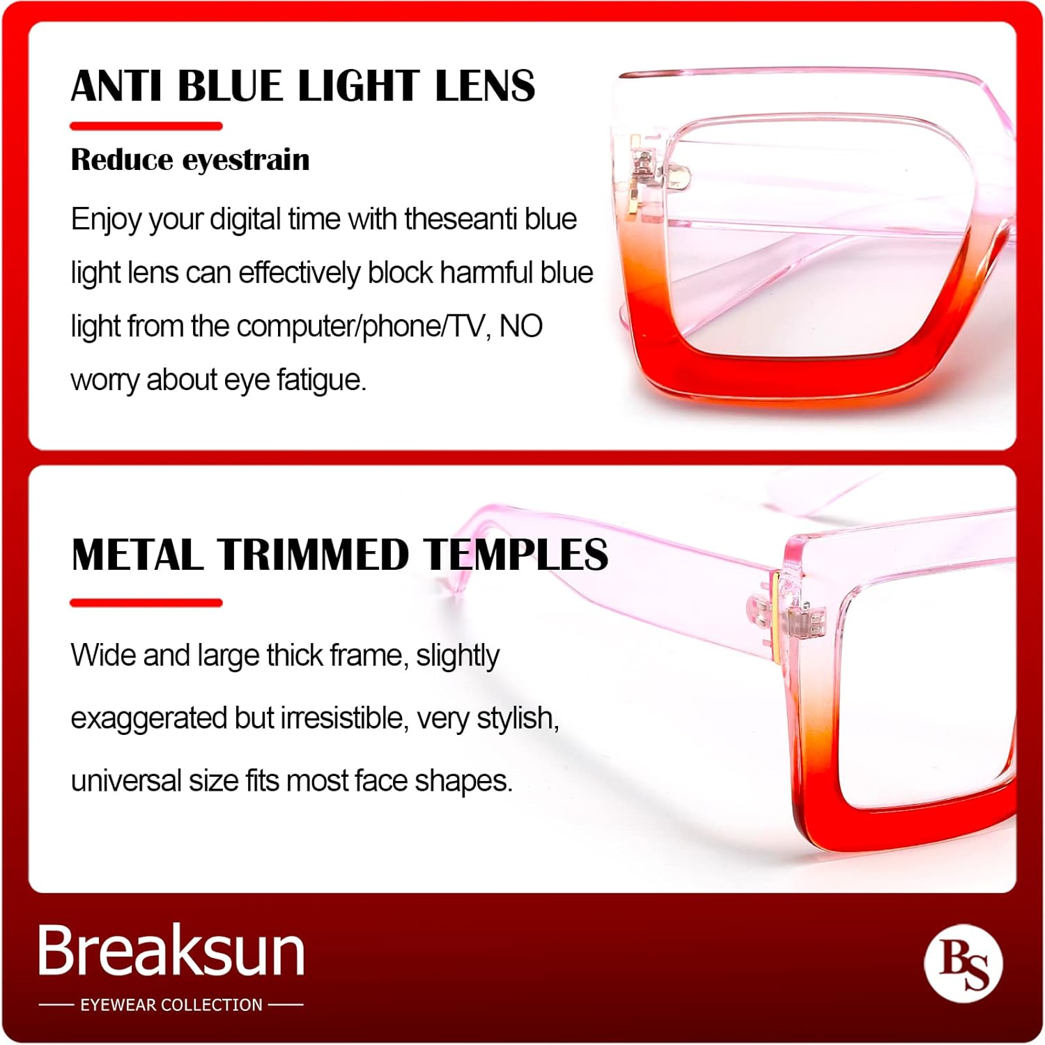 Oversized Blue Light Glasses for Women Fashion Thick Square Computer Eyewear Non-Prescription Black Glasses (Purple Red) - Image 6