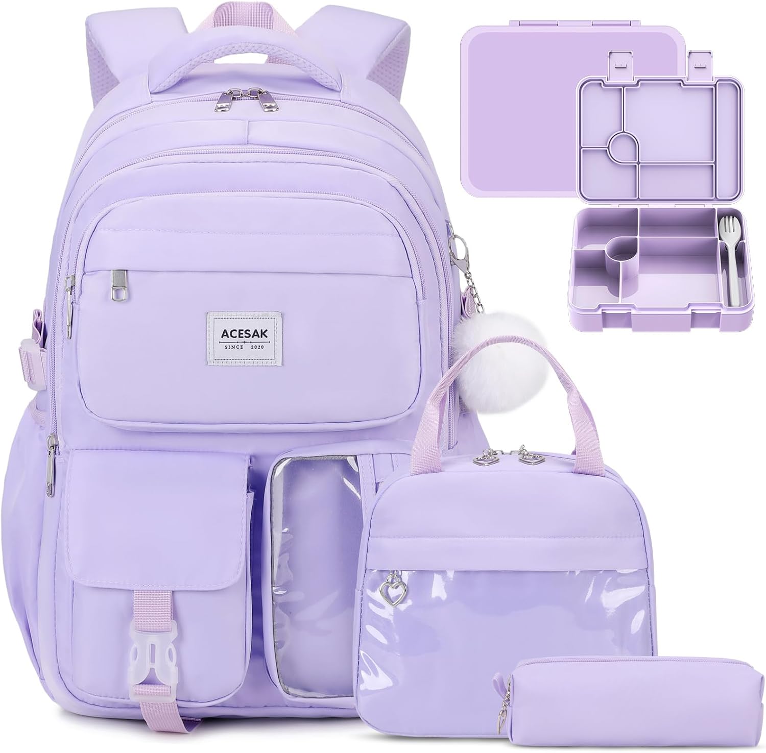 Girls Backpack - Bento Box with Insulated Lunch Bag Pencil Case & Utensils Set for Kids, 6 Leakproof Compartments Removable Tray Lunches or Snack Container for School (Purple)