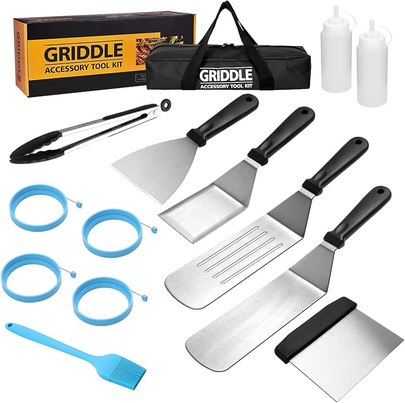 Flat Top Griddle Accessories Set for Blackstone and Camp Chef | Professional Grill Spatula Set with Burger Spatulas Scraper, BBQ Tool Utensils Kit for Men Outdoor Grills Cooking