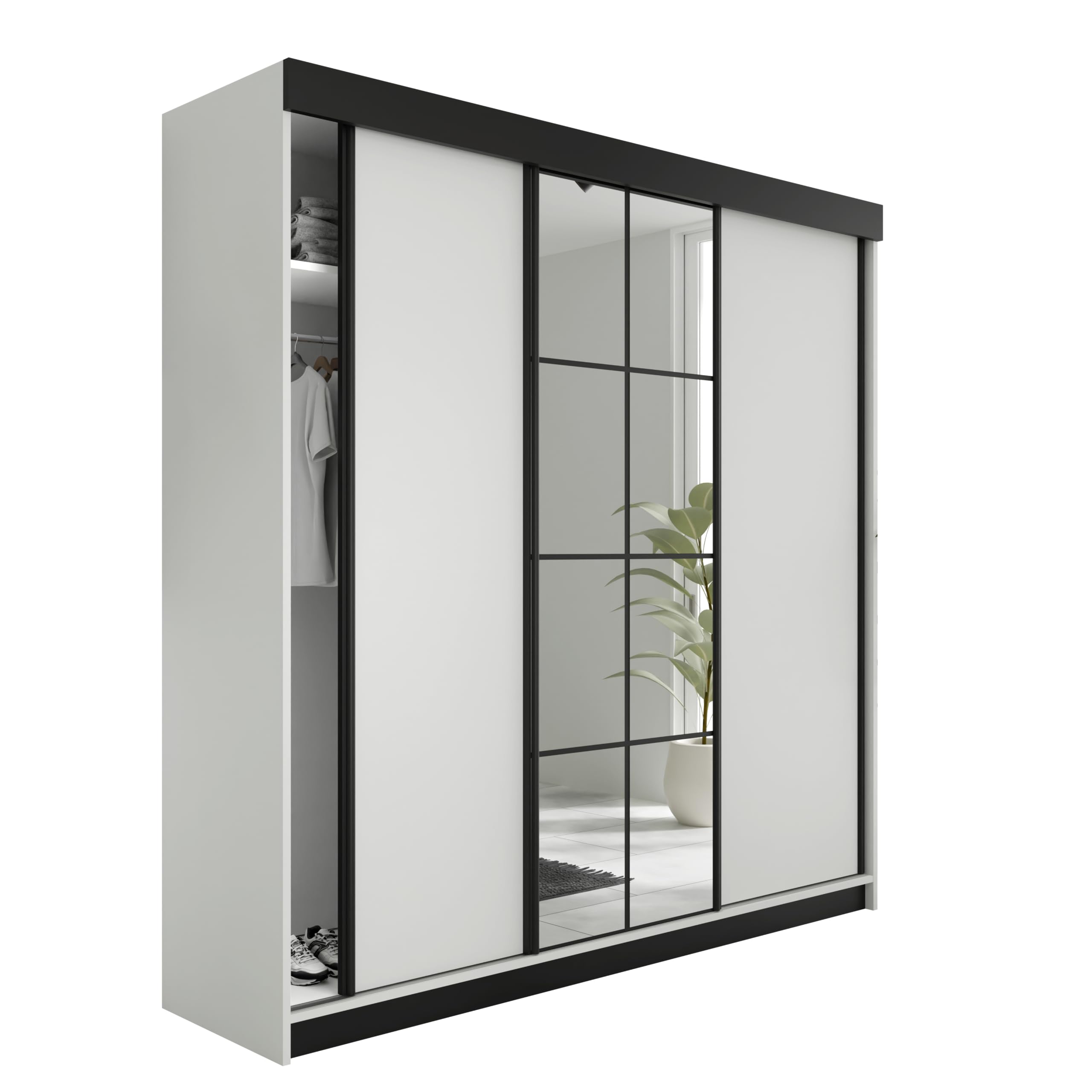 KIER FURNITURE Schiebegarderobe LAMARO mit Spiegel - Schrank Schlafzimmer - Schlafzimmerschrank - Wardrobe Bedroom - Kleiderschränke - Kleiderschrank Weiß - 250x205x59 cm