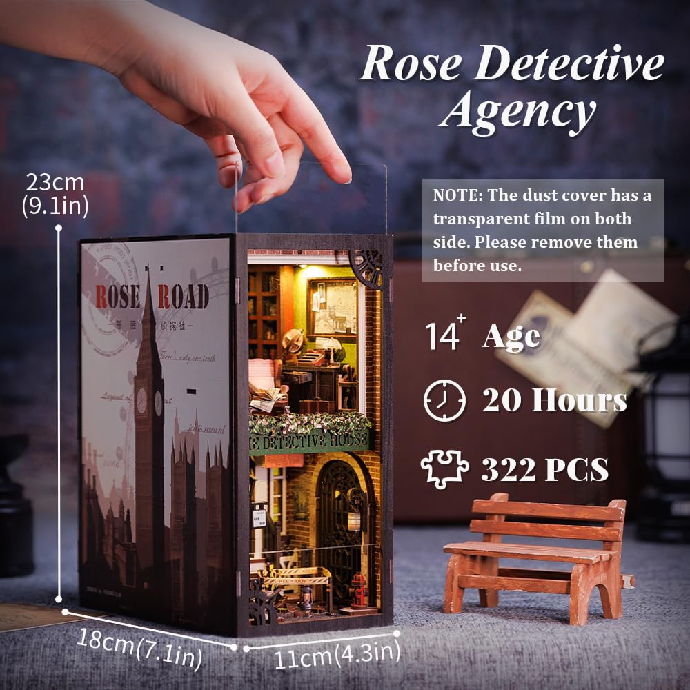 CUTEBEE DIY Book Nook Kit casa delle bambole con copertura antipolvere miniatura diorama booknook kit con luce LED,3D kit di modellazione in legno,da costruire (Rose Detective Agency)