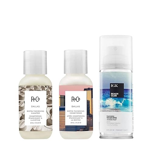 R+Co Travel EssentialsR+Co Dallas - Juego de champú y acondicionador (2 onzas) + spray de textura táctil IGK Beach Club (1.7 onzas) - Colección