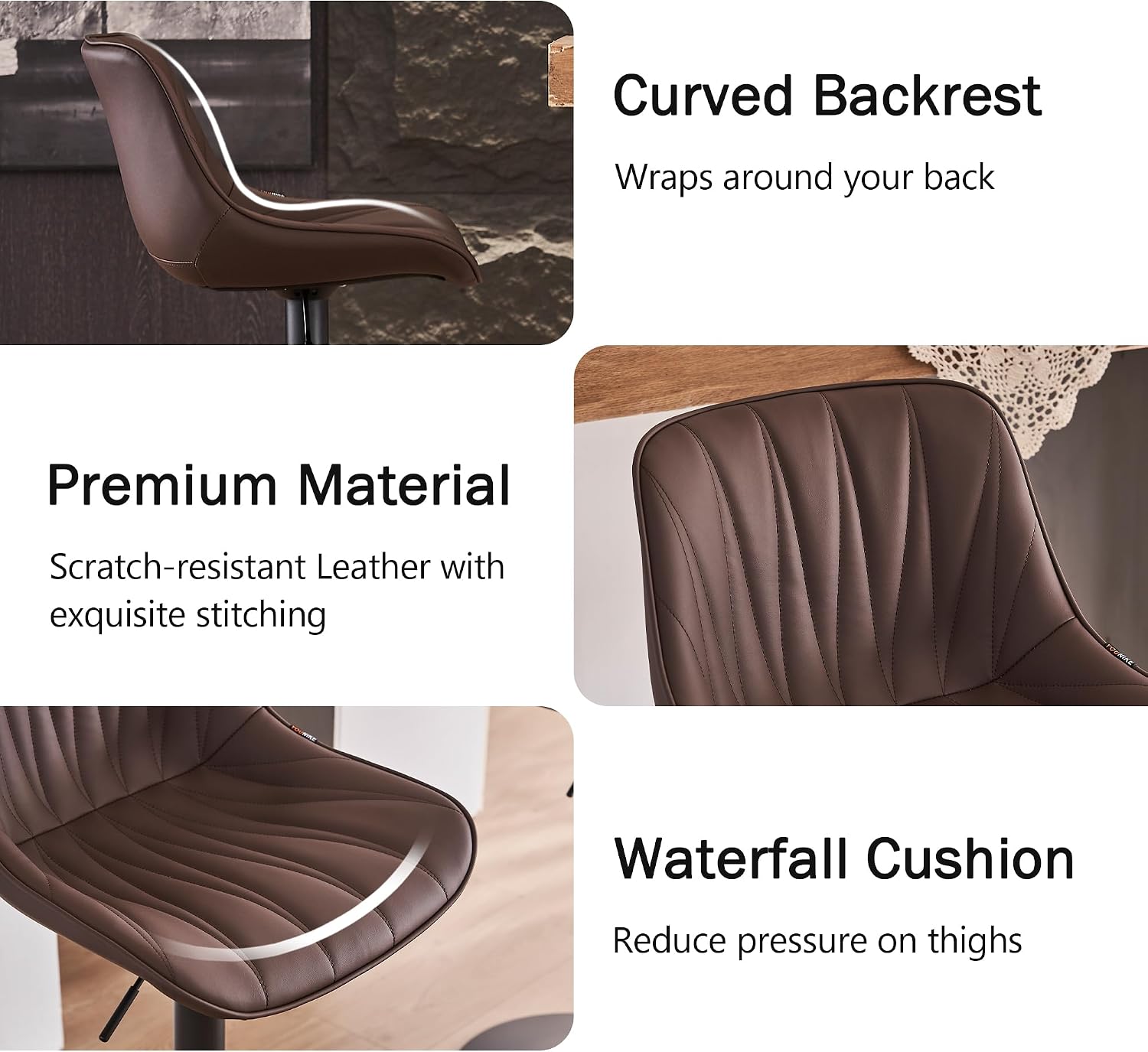 Rowill Bar Stools Set of 4 Brown Adjustable Swivel Counter Height Barstools PU Leather Pub Chairs Upholstered Modern Kitchen Island Stools with Back Footrest