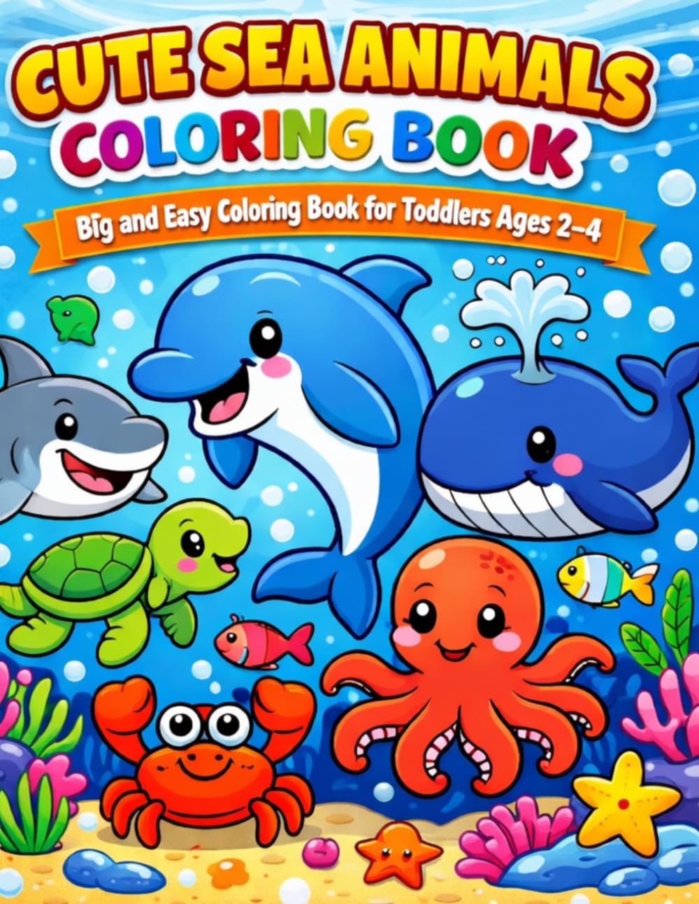 Cute Sea Animals Coloring Book for Toddlers Ages 2-4: Big and Easy Simple Ocean Animal Coloring Pages for Preschool Kids