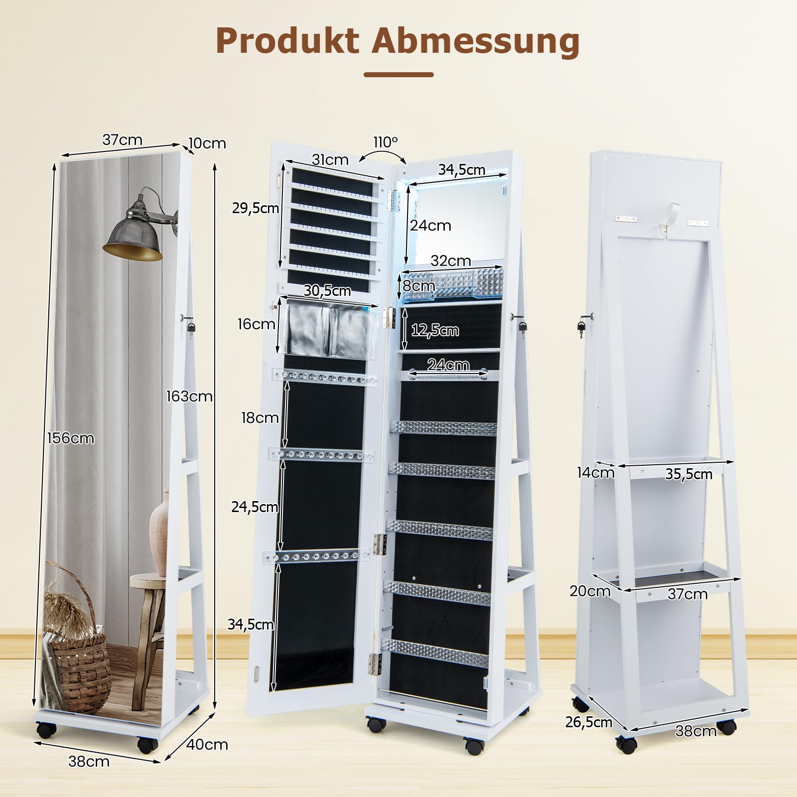 RELAX4LIFE Schmuckschrank mit Ganzkörperspiegel, 3 in 1 Spiegelschrank mit 4 Rädern & 3 farbigen LEDs, 360° Drehbar & Abschließbar, Schmuckorganizer mit 3 Regalen (Weiß)