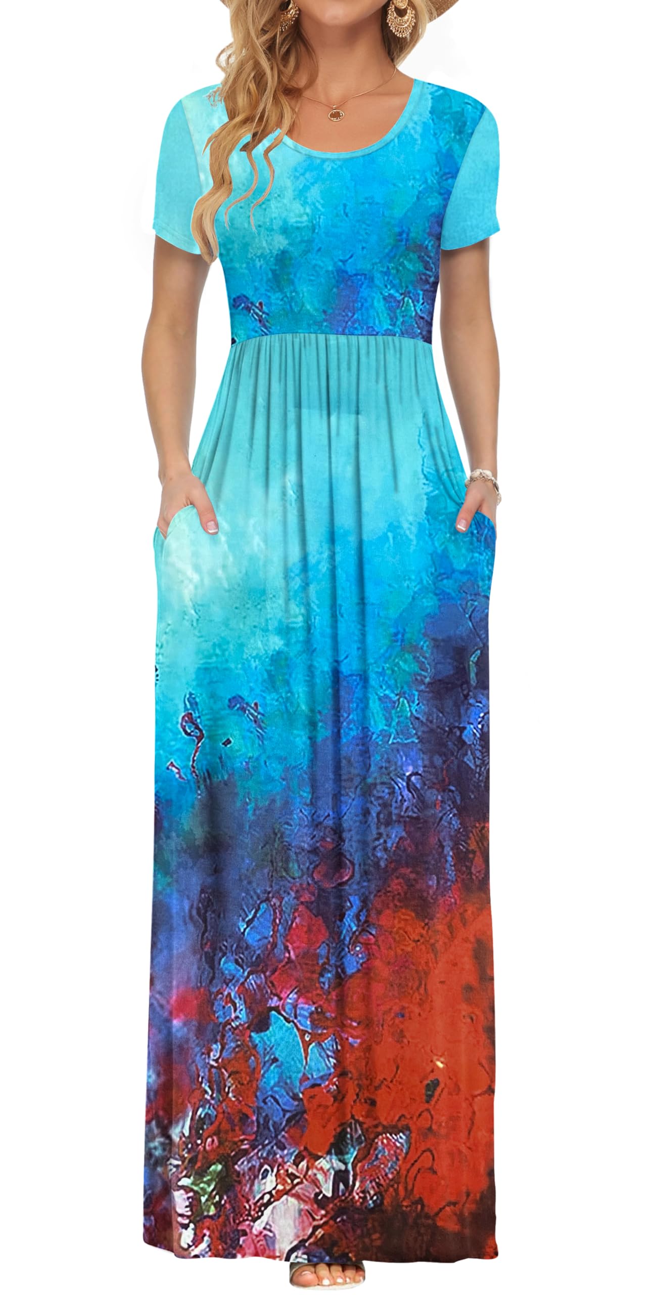 AUSELILY Women's Summer Short Sleeve Loose Plain Casual Long Maxi Dresses | Year Round wear solid floral print, Casual wear, Empire waist, Floor length, Side pockets